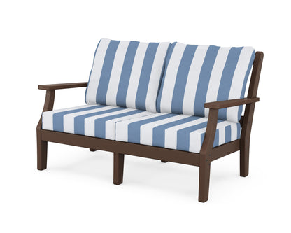 Martha Stewart by POLYWOOD® Chinoiserie Deep Seating Loveseat in Mahogany / Cabana Stripe Sky Blue