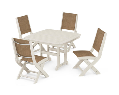 POLYWOOD® Coastal Folding Side Chair 5-Piece Dining Set in Sand / Burlap Sling