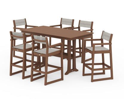 POLYWOOD® EDGE Sling Arm Chair 7-Piece Farmhouse Bar Set with Trestle Legs in Teak / Birch Sling