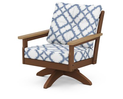 POLYWOOD® Vineyard Deep Seating Swivel Chair in Teak / Natural / Trellis Sky Blue