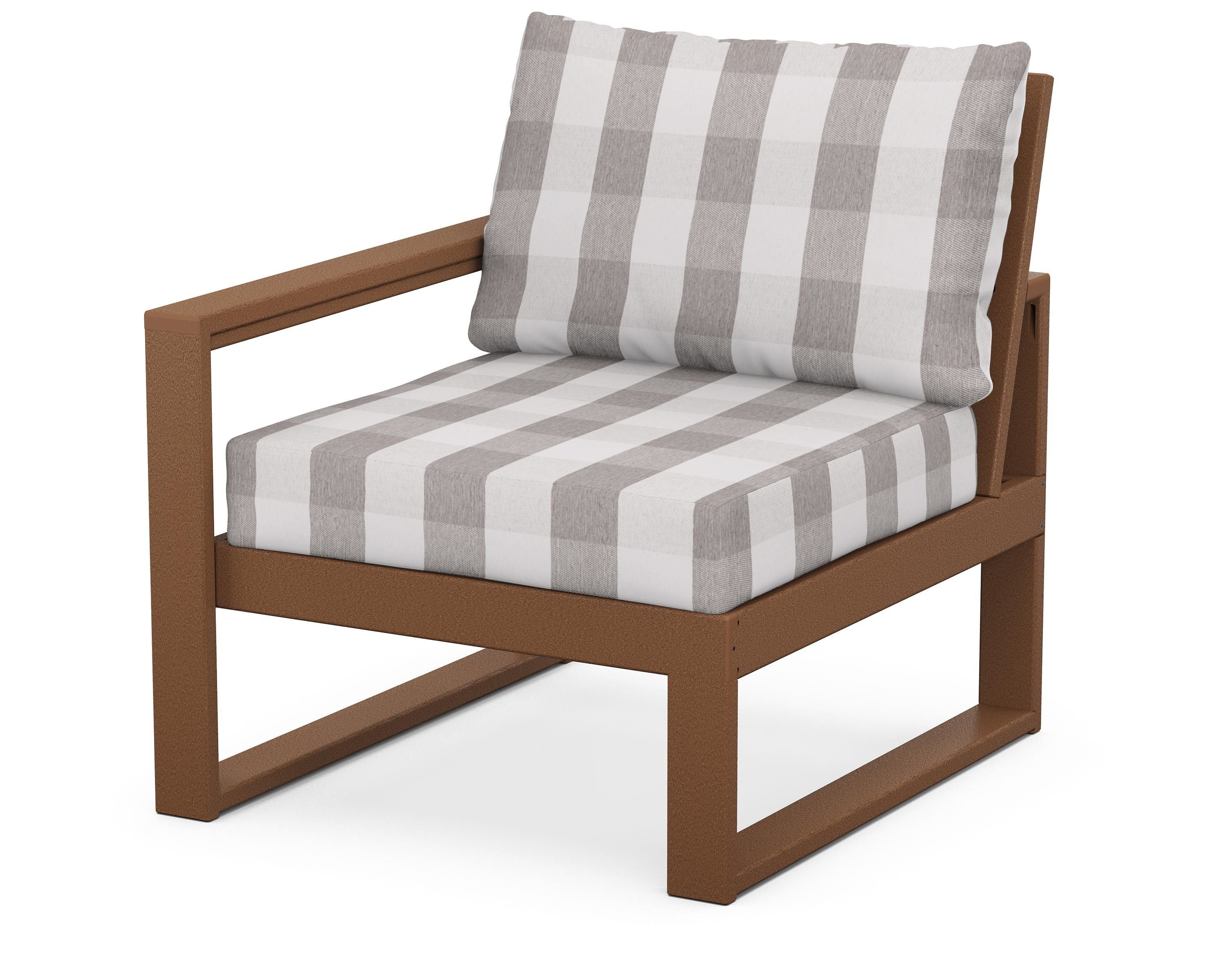 POLYWOOD® EDGE Modular Left Arm Chair in Teak / Buffalo Plaid Grey Mist