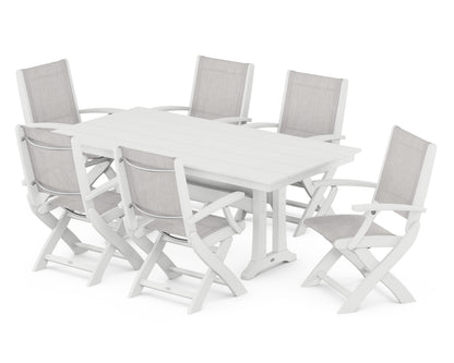 POLYWOOD® Coastal Folding Arm Chair 7-Piece Farmhouse Dining Set with Trestle Legs in White / Parchment Sling