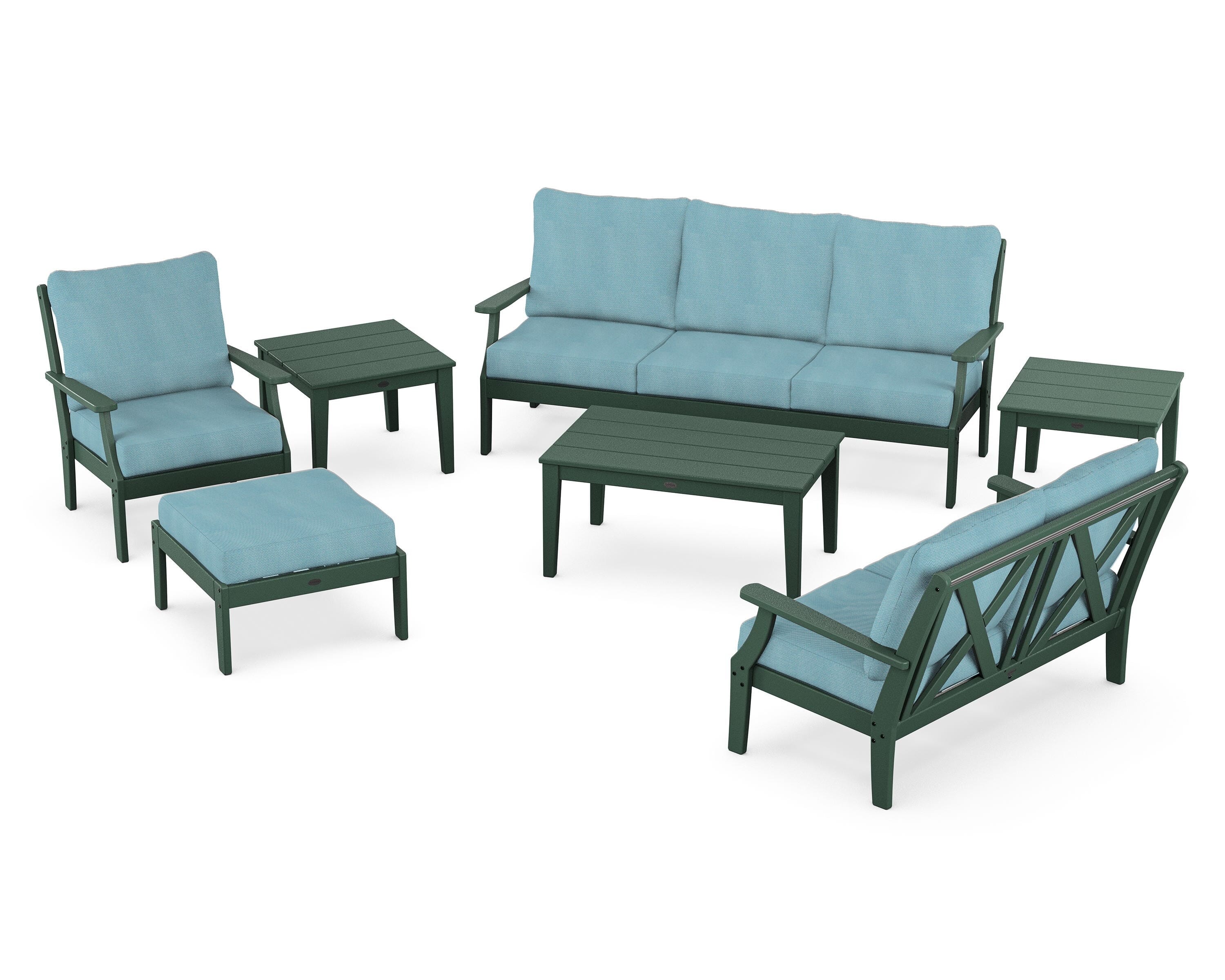POLYWOOD® Braxton 7-Piece Deep Seating Set in Green / Lattice Sky Blue