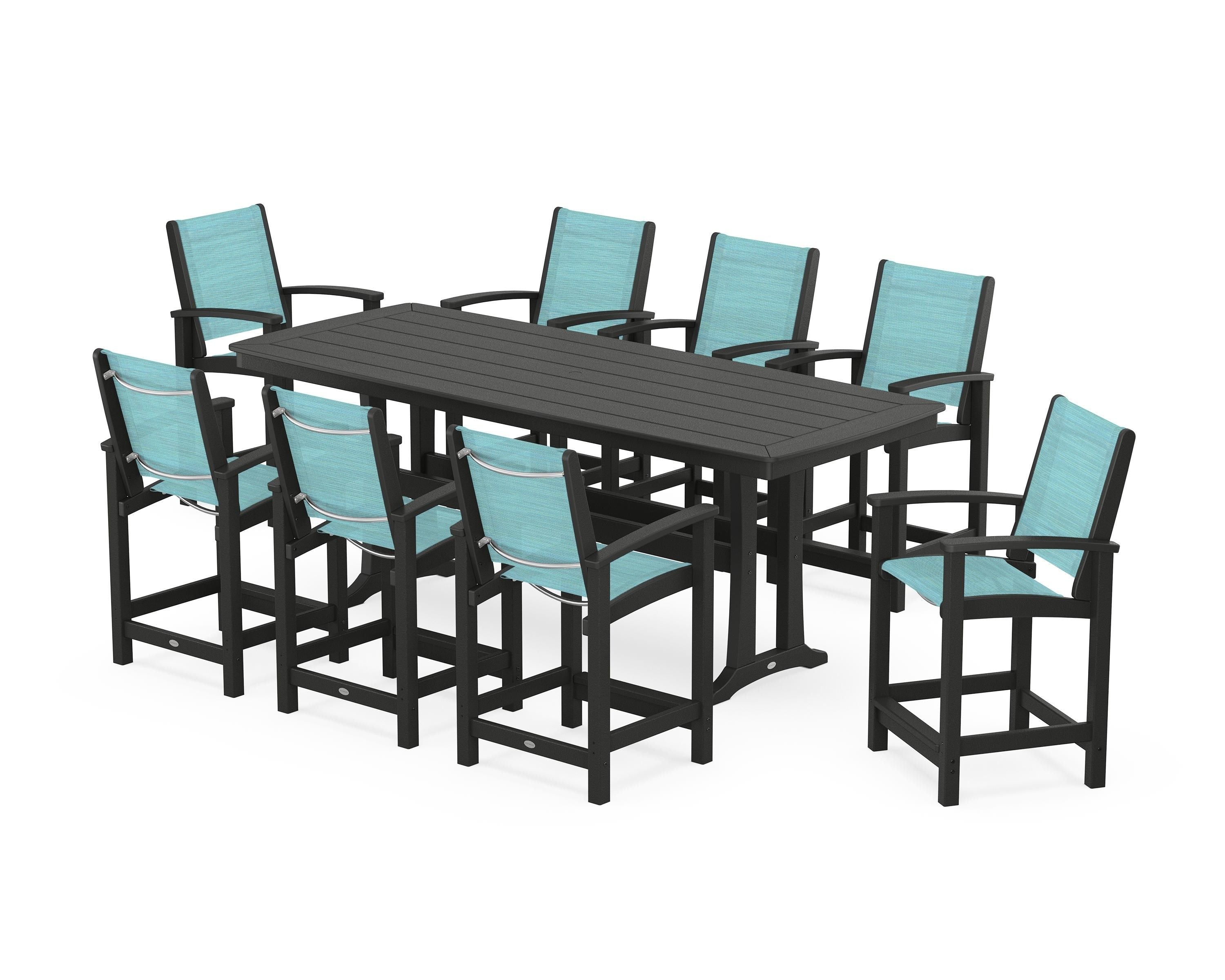 POLYWOOD® Coastal 9-Piece Counter Set with Trestle Legs in Black / Dupioni Aquamarine Sling