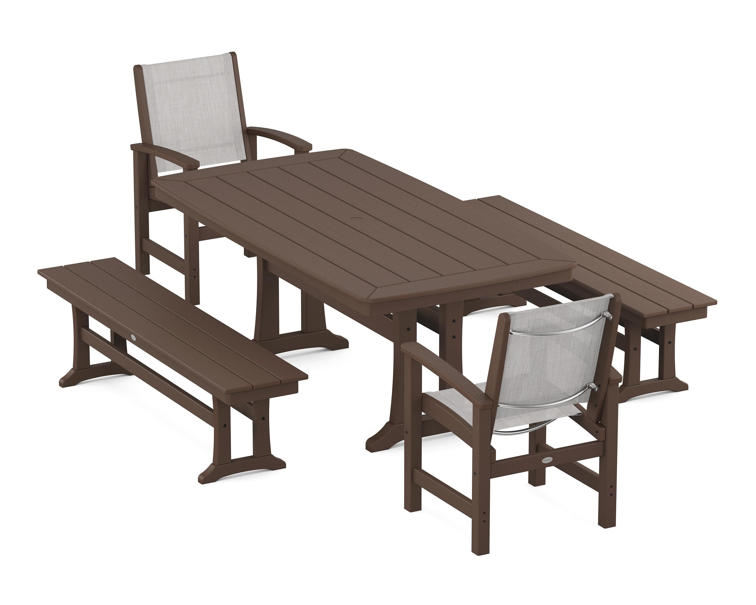 POLYWOOD® Coastal 5-Piece Dining Set with Trestle Legs and Benches in Mahogany / Parchment Sling