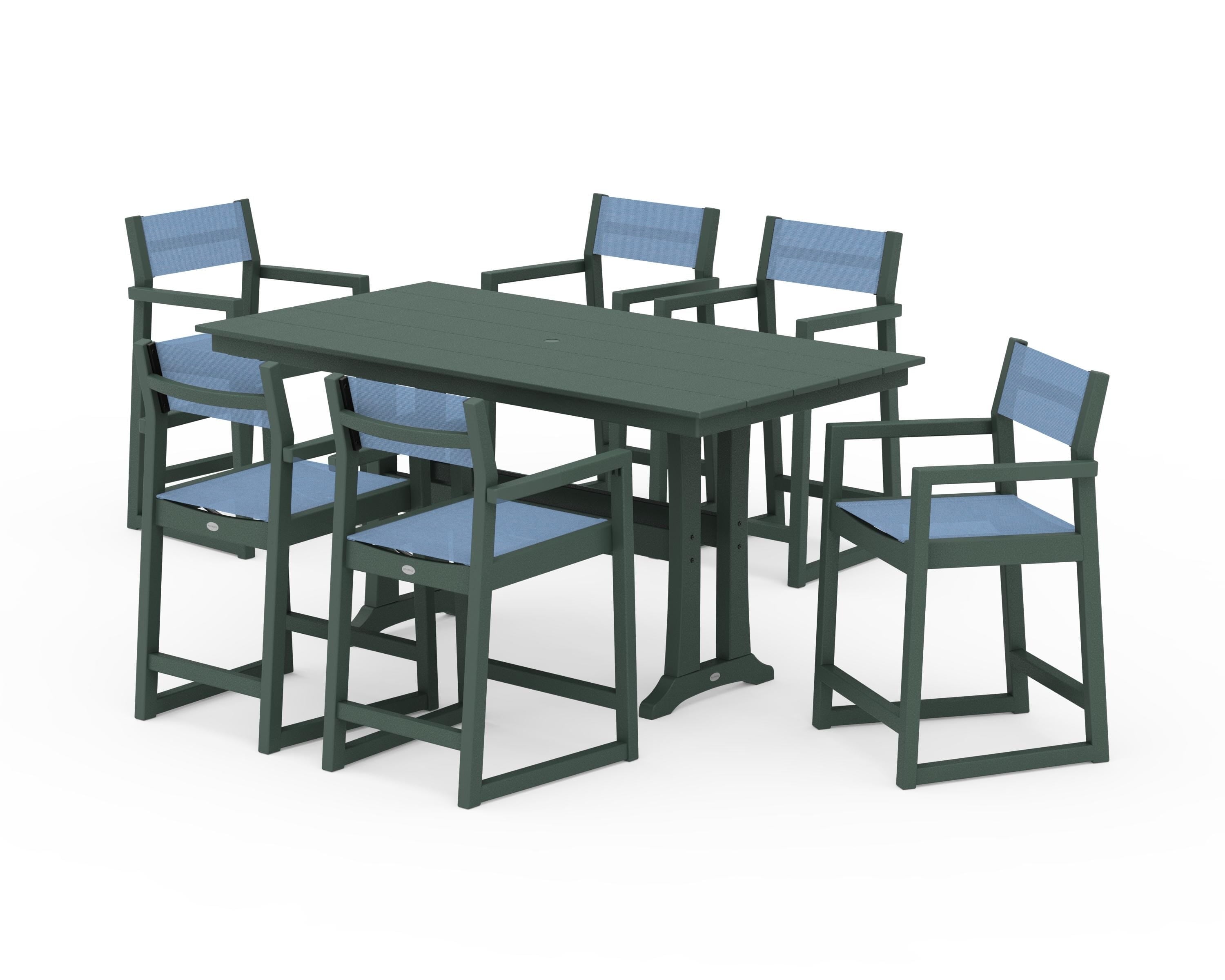 POLYWOOD® EDGE Sling Arm Chair 7-Piece Farmhouse Counter Set with Trestle Legs in Green / Poolside Sling