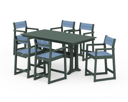 POLYWOOD® EDGE Sling Arm Chair 7-Piece Farmhouse Counter Set with Trestle Legs in Green / Poolside Sling