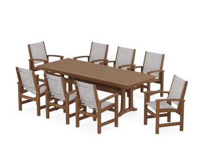 POLYWOOD® Coastal 9-Piece Farmhouse Dining Set with Trestle Legs in Teak / Parchment Sling