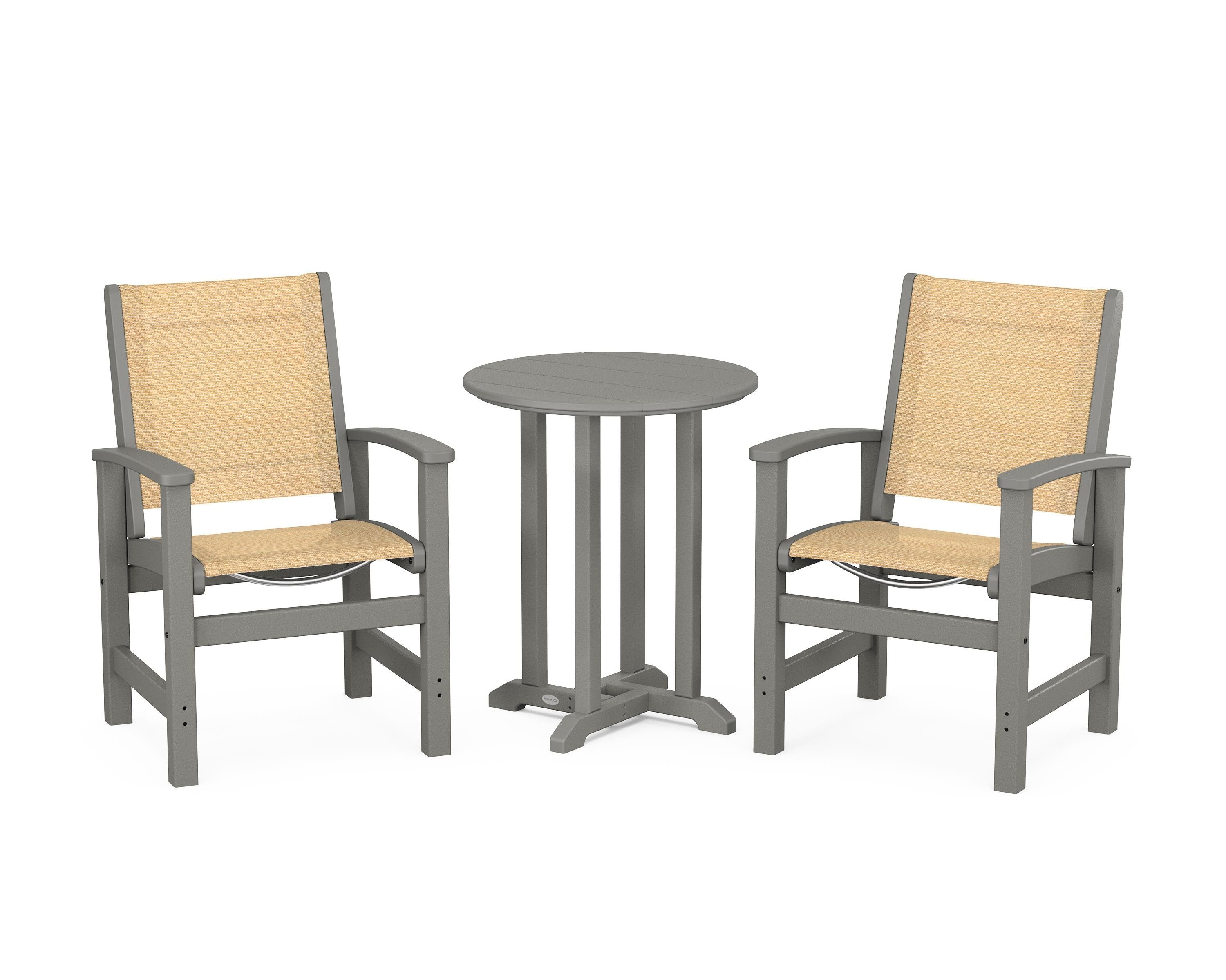 POLYWOOD® Coastal 3-Piece Round Bistro Dining Set in Slate Grey / Dupioni Apricot Sling