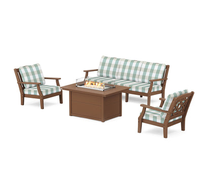 Martha Stewart by POLYWOOD® Chinoiserie Deep Seating Fire Pit Table Set in Teak / Buffalo Plaid Glacier Spa