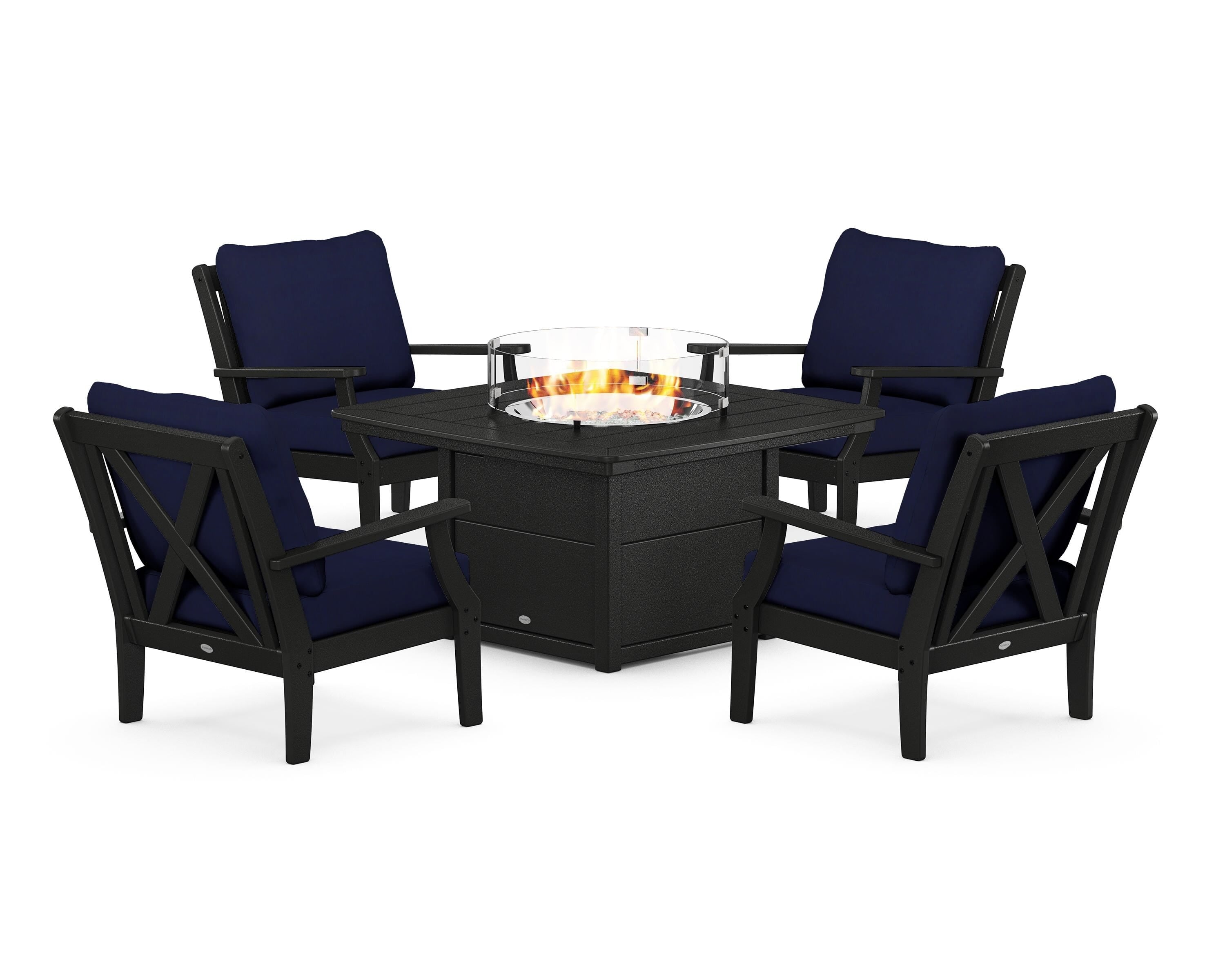 POLYWOOD® Braxton 5-Piece Deep Seating Conversation Set with Fire Pit Table in Black / Navy