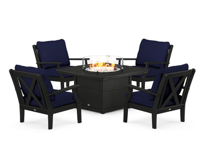 POLYWOOD® Braxton 5-Piece Deep Seating Conversation Set with Fire Pit Table in Black / Navy