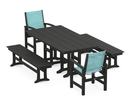 POLYWOOD® Coastal 5-Piece Farmhouse Dining Set in Black / Dupioni Aquamarine Sling
