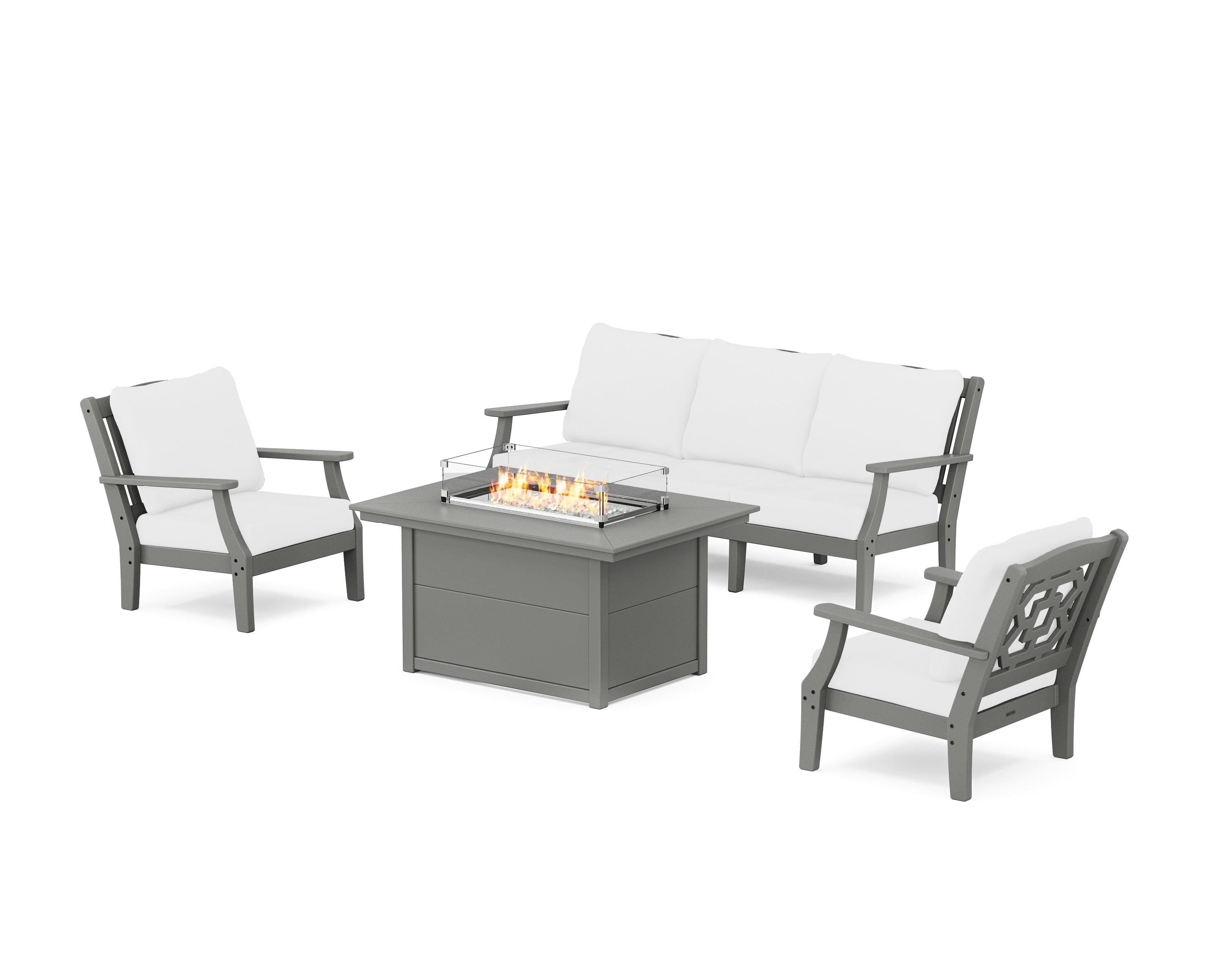 Martha Stewart by POLYWOOD® Chinoiserie Deep Seating Fire Pit Table Set in Slate Grey / Natural