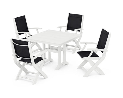 POLYWOOD® Coastal Folding Chair 5-Piece Farmhouse Dining Set With Trestle Legs in White / Black Sling