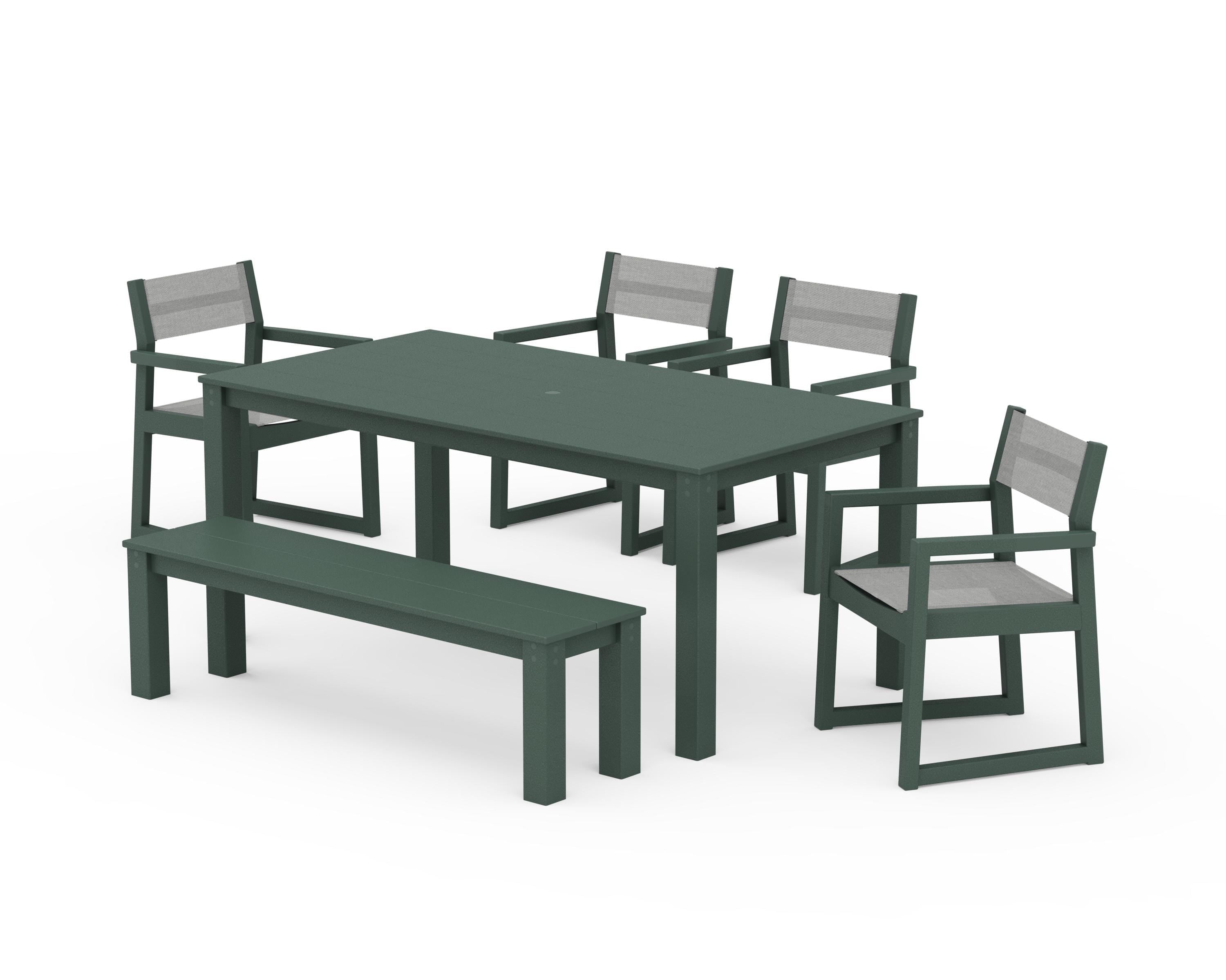 POLYWOOD® EDGE Sling Arm Chair 6-Piece Parsons Dining Set with Bench in Green / Metallic Sling