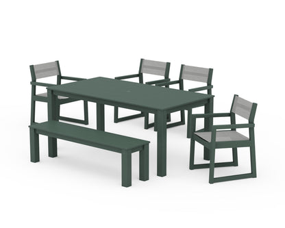 POLYWOOD® EDGE Sling Arm Chair 6-Piece Parsons Dining Set with Bench in Green / Metallic Sling
