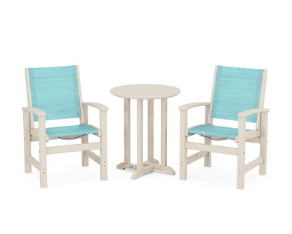 POLYWOOD® Coastal 3-Piece Round Bistro Dining Set in Sand / Dupioni Aquamarine Sling