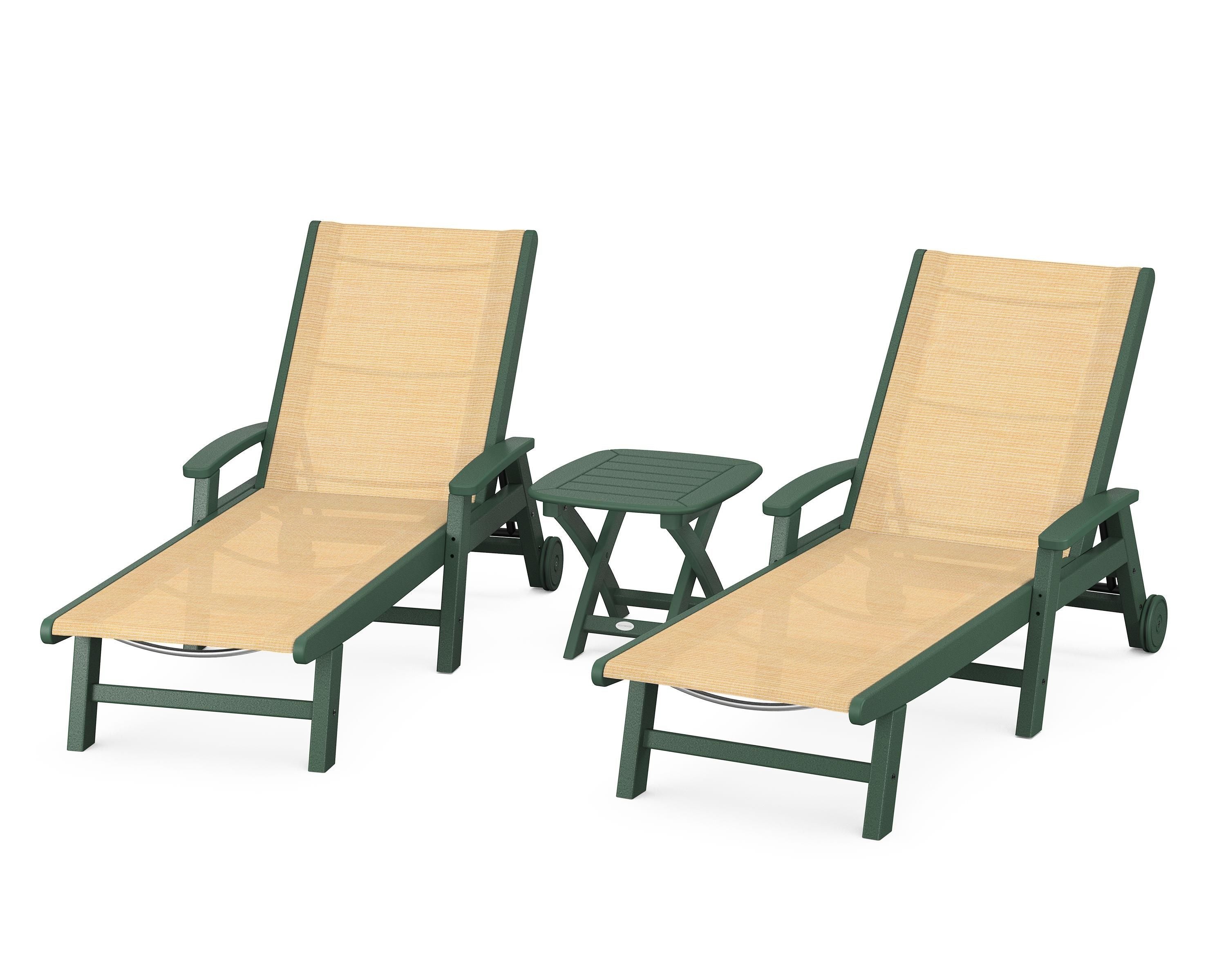 POLYWOOD® Coastal 3-Piece Wheeled Chaise Set in Green / Dupioni Apricot Sling