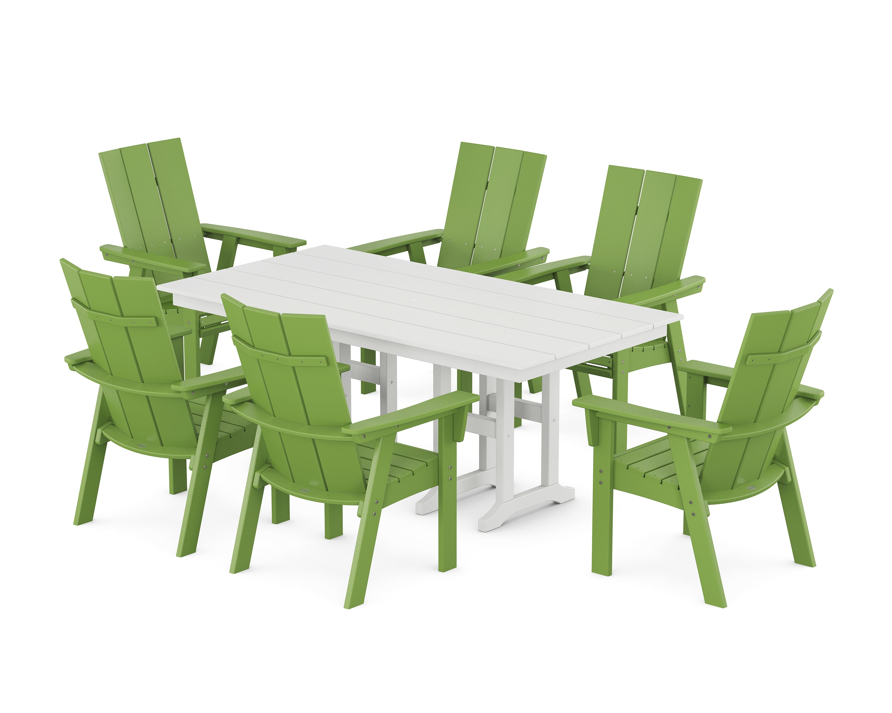 POLYWOOD® Modern Curveback Adirondack 7-Piece Farmhouse Dining Set in Lime / White