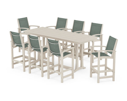 POLYWOOD® Coastal 9-Piece Farmhouse Bar Set with Trestle Legs in Sand / Dupioni Sea Mist Sling