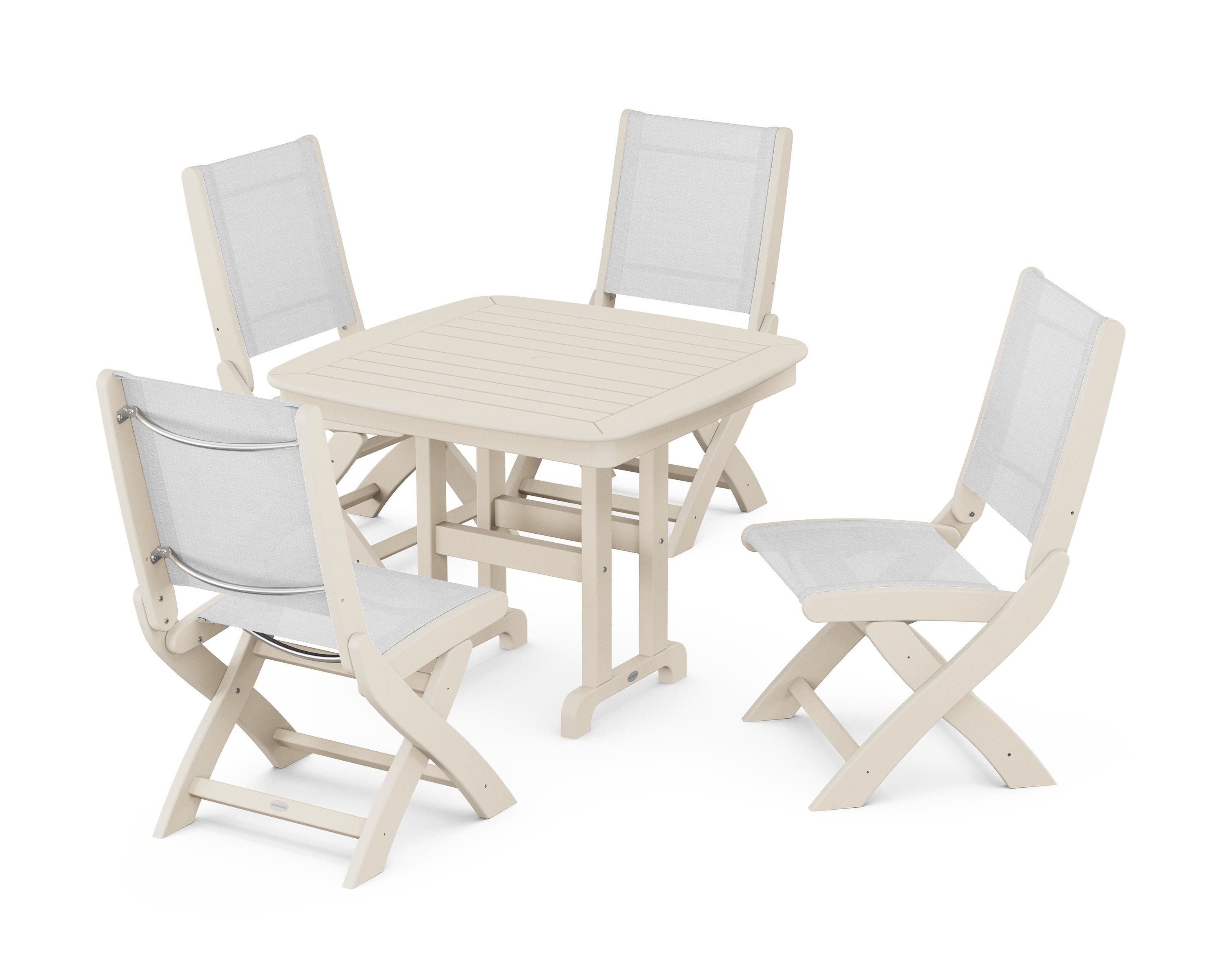 POLYWOOD® Coastal Folding Side Chair 5-Piece Dining Set in Sand / White Sling