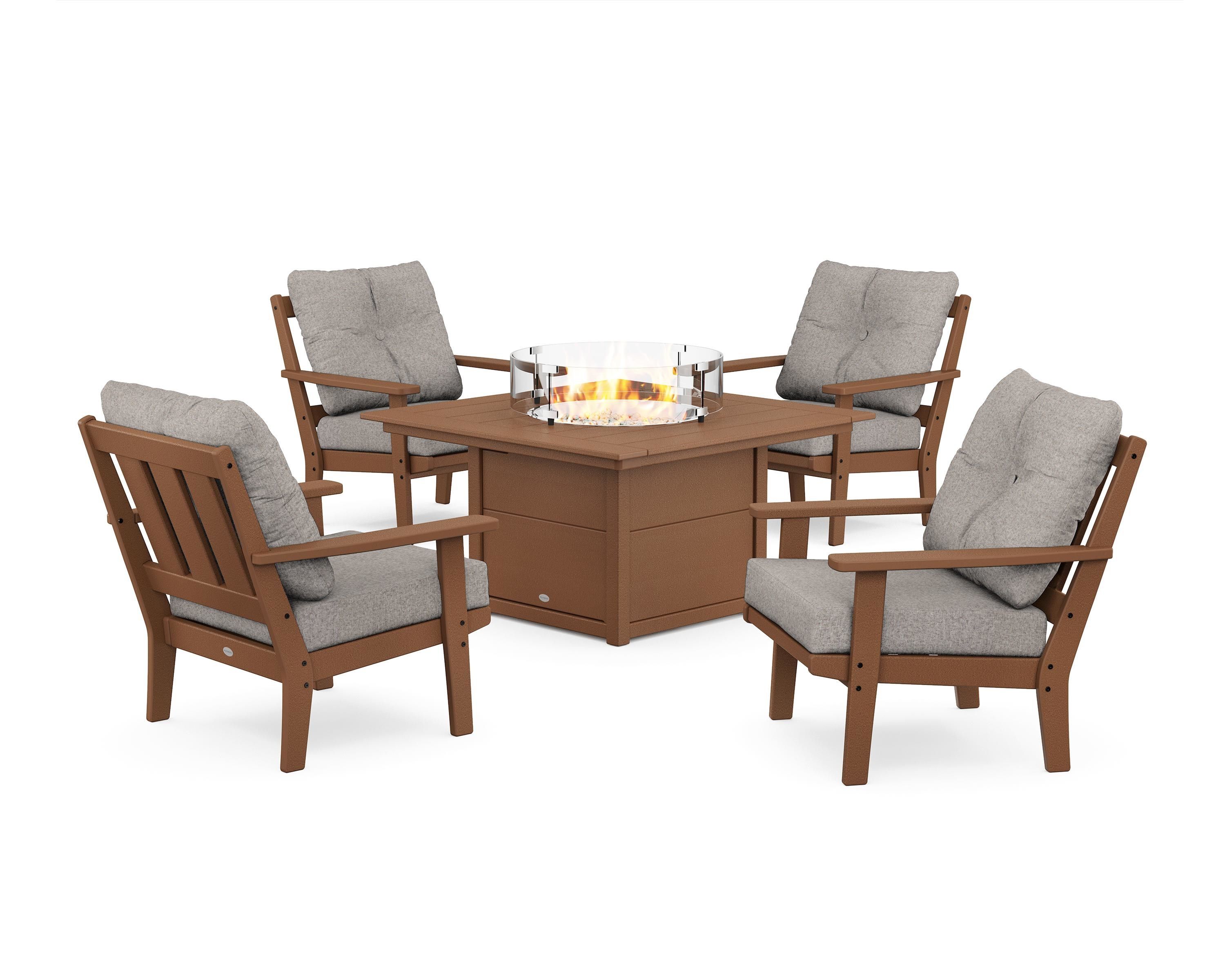 POLYWOOD® Oxford 5-Piece Deep Seating Set with Fire Pit Table in Teak / Weathered Tweed