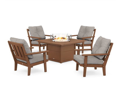 POLYWOOD® Oxford 5-Piece Deep Seating Set with Fire Pit Table in Teak / Weathered Tweed