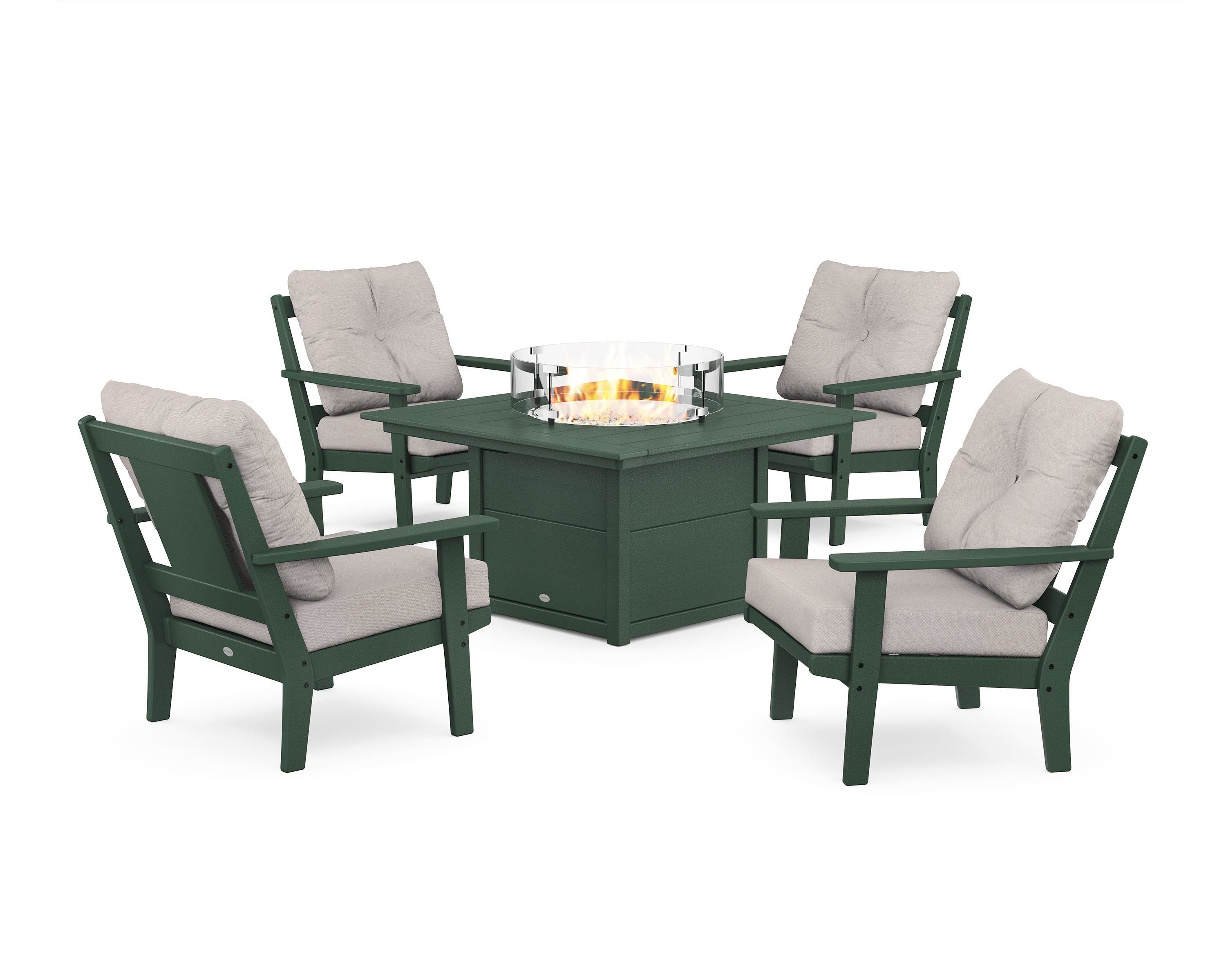 POLYWOOD® Prairie 5-Piece Deep Seating Set with Fire Pit Table in Green / Dune Burlap