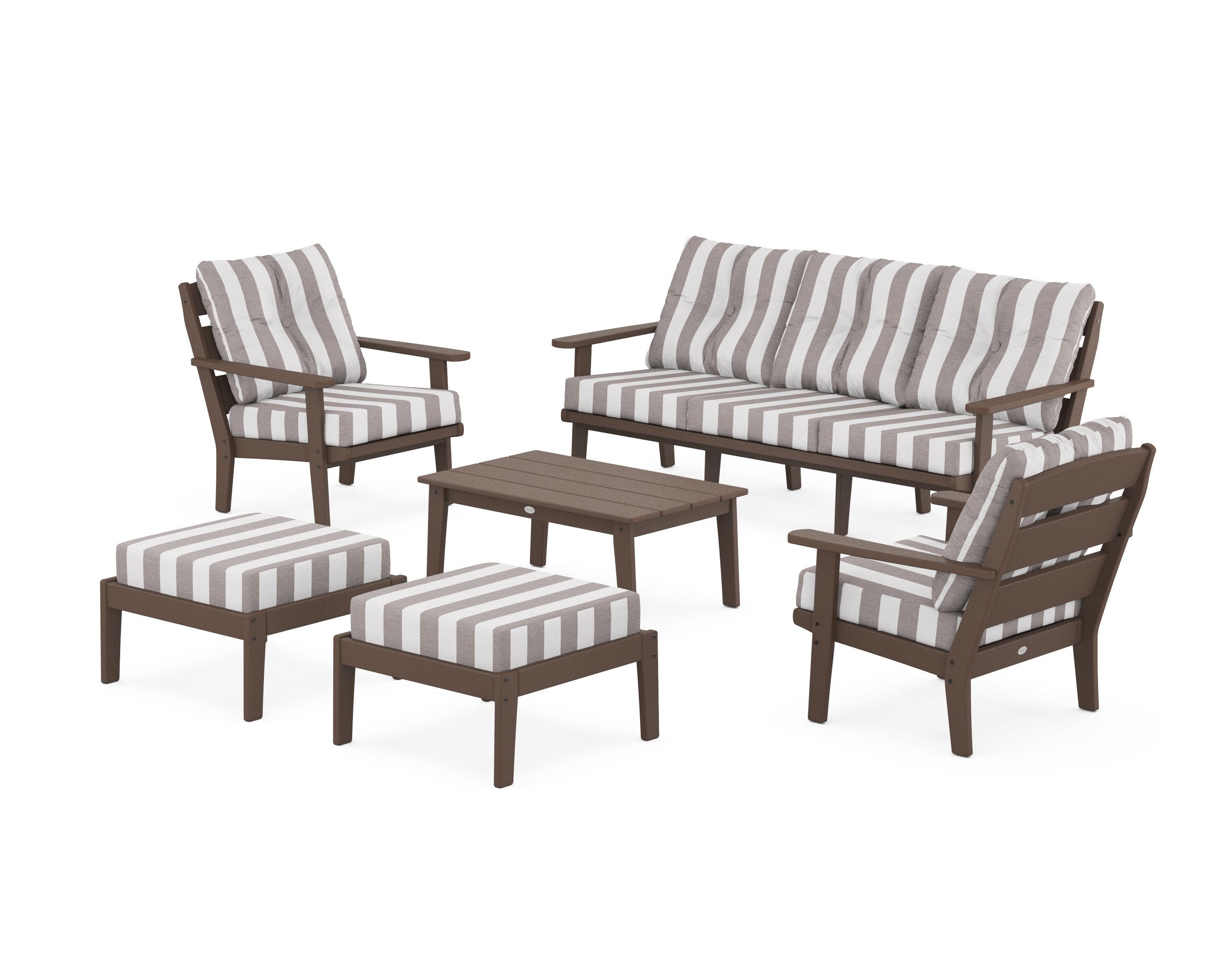 POLYWOOD® Lakeside 6-Piece Lounge Sofa Set in Mahogany / Cabana Stripe Grey Mist