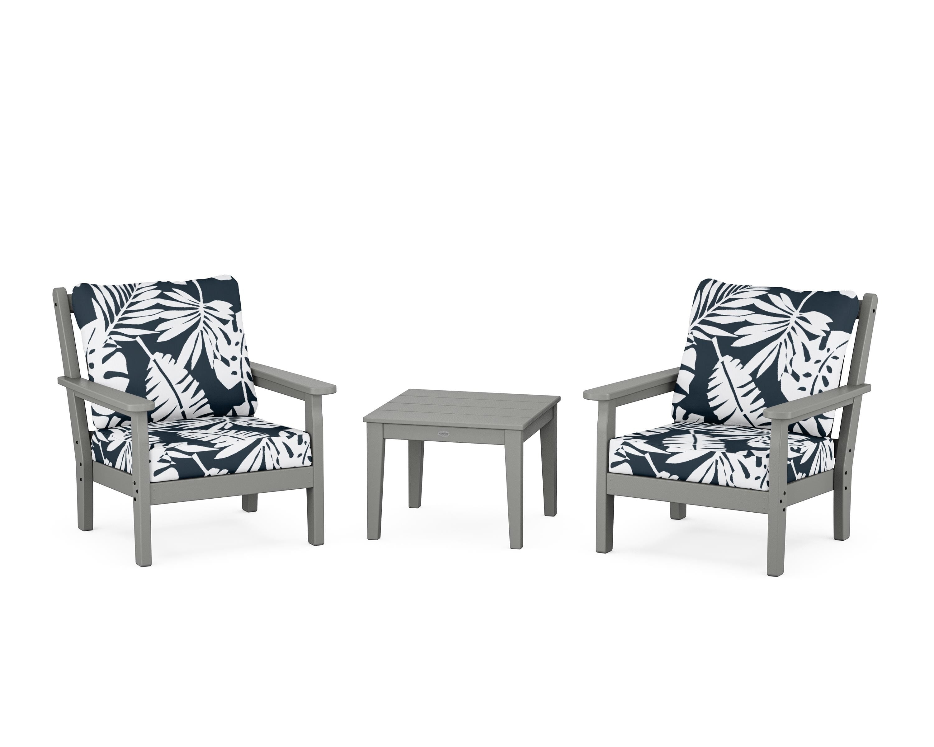 POLYWOOD® Chippendale 3-Piece Deep Seating Set in Slate Grey / Leaf Marine Indigo
