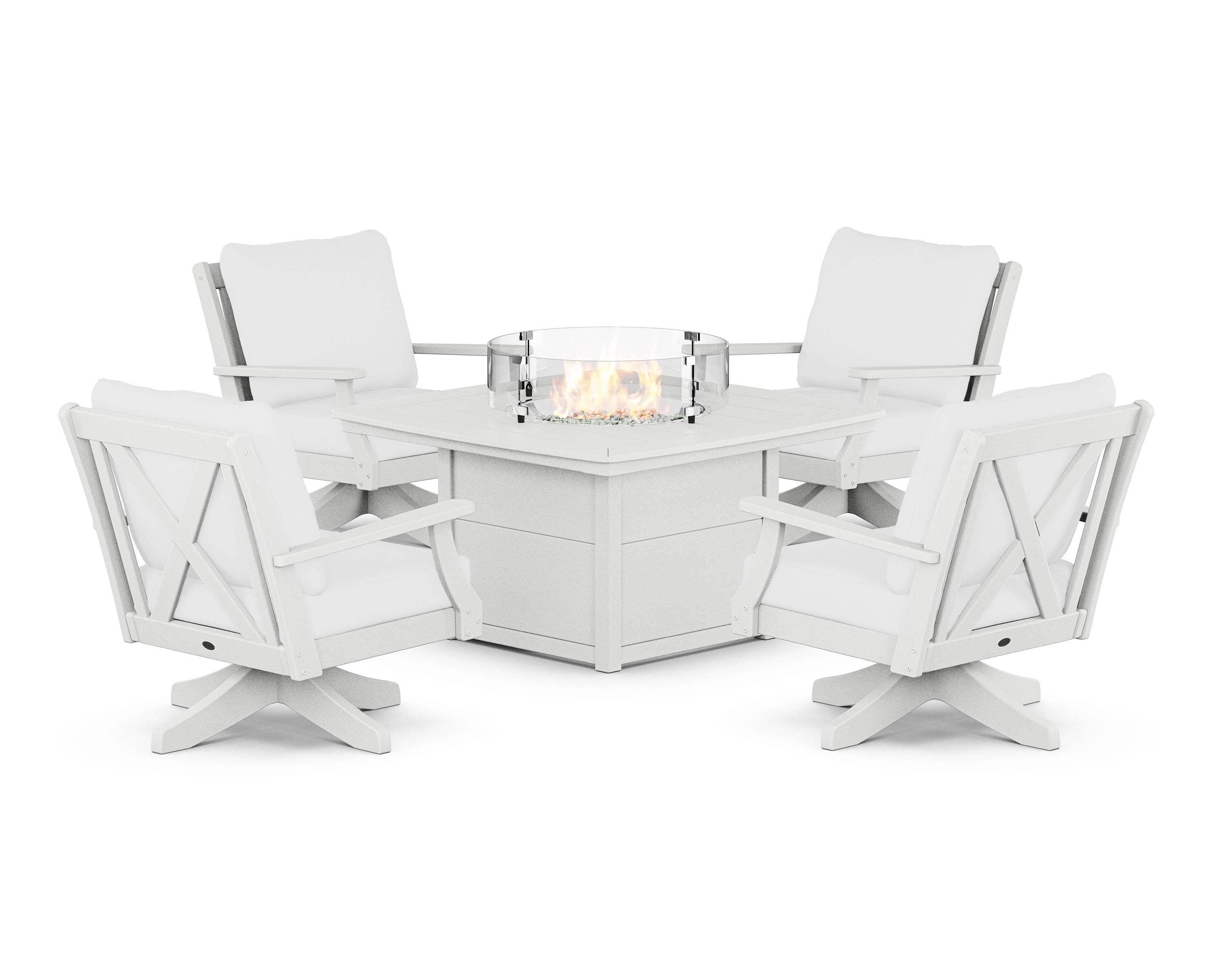 POLYWOOD® Braxton 5-Piece Deep Seating Swivel Conversation Set with Fire Pit Table in Vintage White / Natural