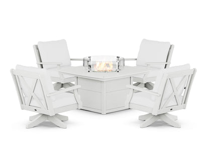 POLYWOOD® Braxton 5-Piece Deep Seating Swivel Conversation Set with Fire Pit Table in Vintage White / Natural