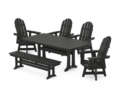 POLYWOOD® Vineyard Curveback Adirondack Swivel Chair 6-Piece Dining Set with Trestle Legs and Bench in Black