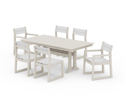 POLYWOOD® EDGE Sling 7-Piece Farmhouse Trestle Dining Set in Sand / White Sling