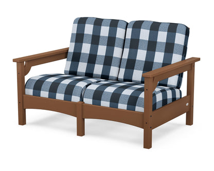 POLYWOOD® Club Loveseat in Teak / Buffalo Plaid Marine Indigo