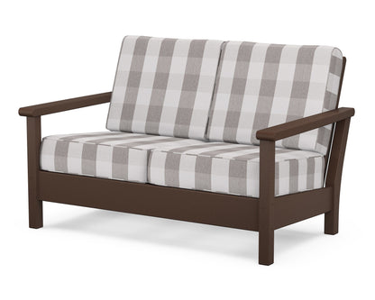 POLYWOOD® Harbour Deep Seating Loveseat in Mahogany / Buffalo Plaid Grey Mist