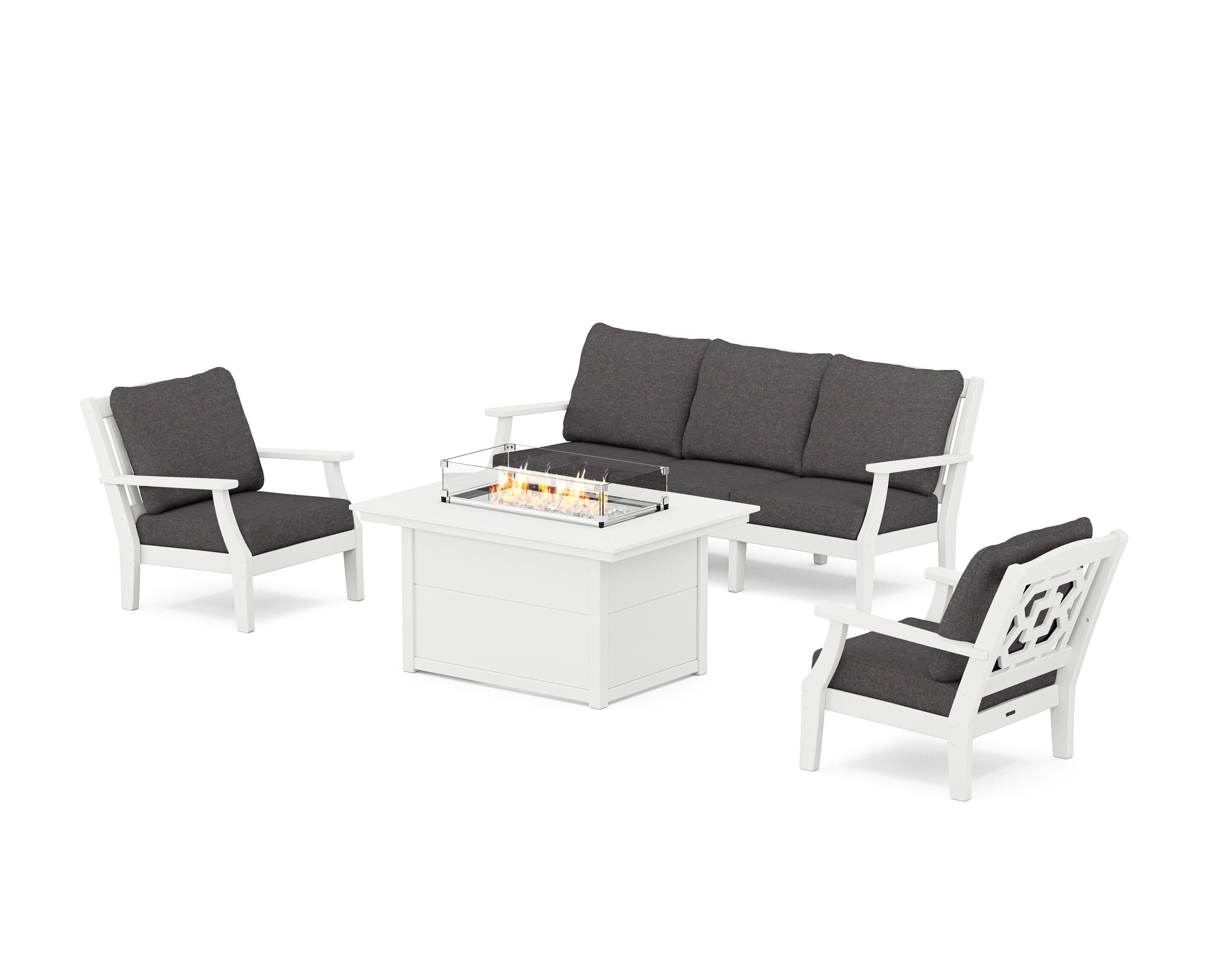 Martha Stewart by POLYWOOD® Chinoiserie Deep Seating Fire Pit Table Set in White / Ash Charcoal