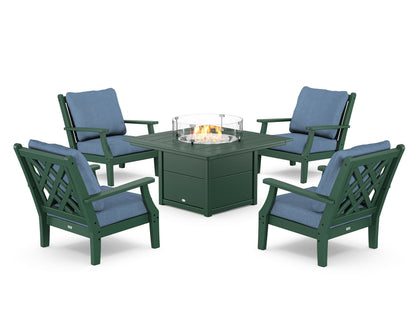 Country Living Wovendale 5-Piece Deep Seating Set with Fire Pit Table in Green / Sky Blue