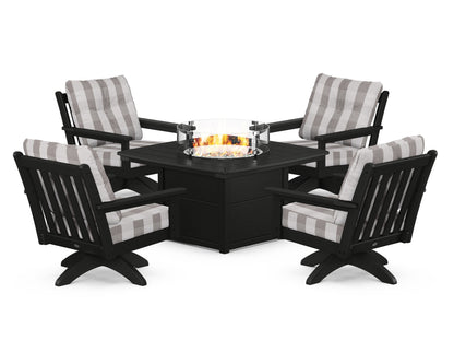 POLYWOOD® Vineyard 5-Piece Deep Seating Swivel Conversation Set with Fire Pit Table in Black / Buffalo Plaid Grey Mist