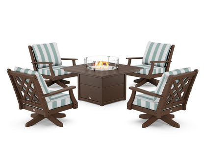 Country Living Wovendale 5-Piece Deep Seating Swivel Conversation Set with Fire Pit Table in Mahogany / Cabana Stripe Glacier Spa