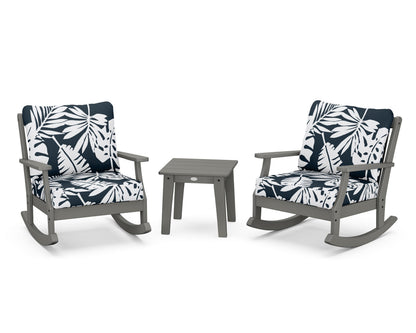 POLYWOOD® Braxton 3-Piece Deep Seating Rocker Set in Slate Grey / Leaf Marine Indigo