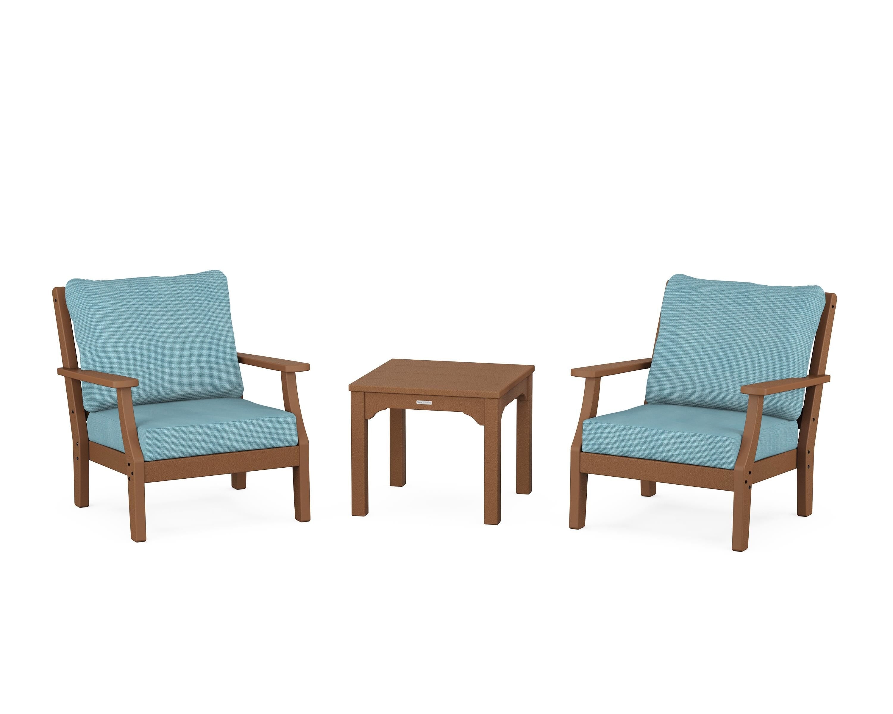 Martha Stewart by POLYWOOD® Chinoiserie 3-Piece Deep Seating Set in Teak / Lattice Sky Blue