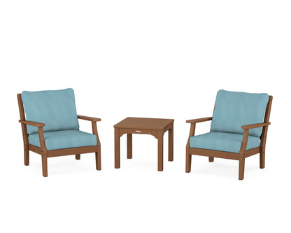 Martha Stewart by POLYWOOD® Chinoiserie 3-Piece Deep Seating Set in Teak / Lattice Sky Blue