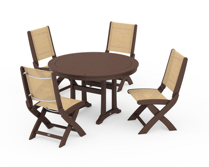 POLYWOOD® Coastal Folding Side Chair 5-Piece Round Dining Set With Trestle Legs in Mahogany / Dupioni Apricot Sling