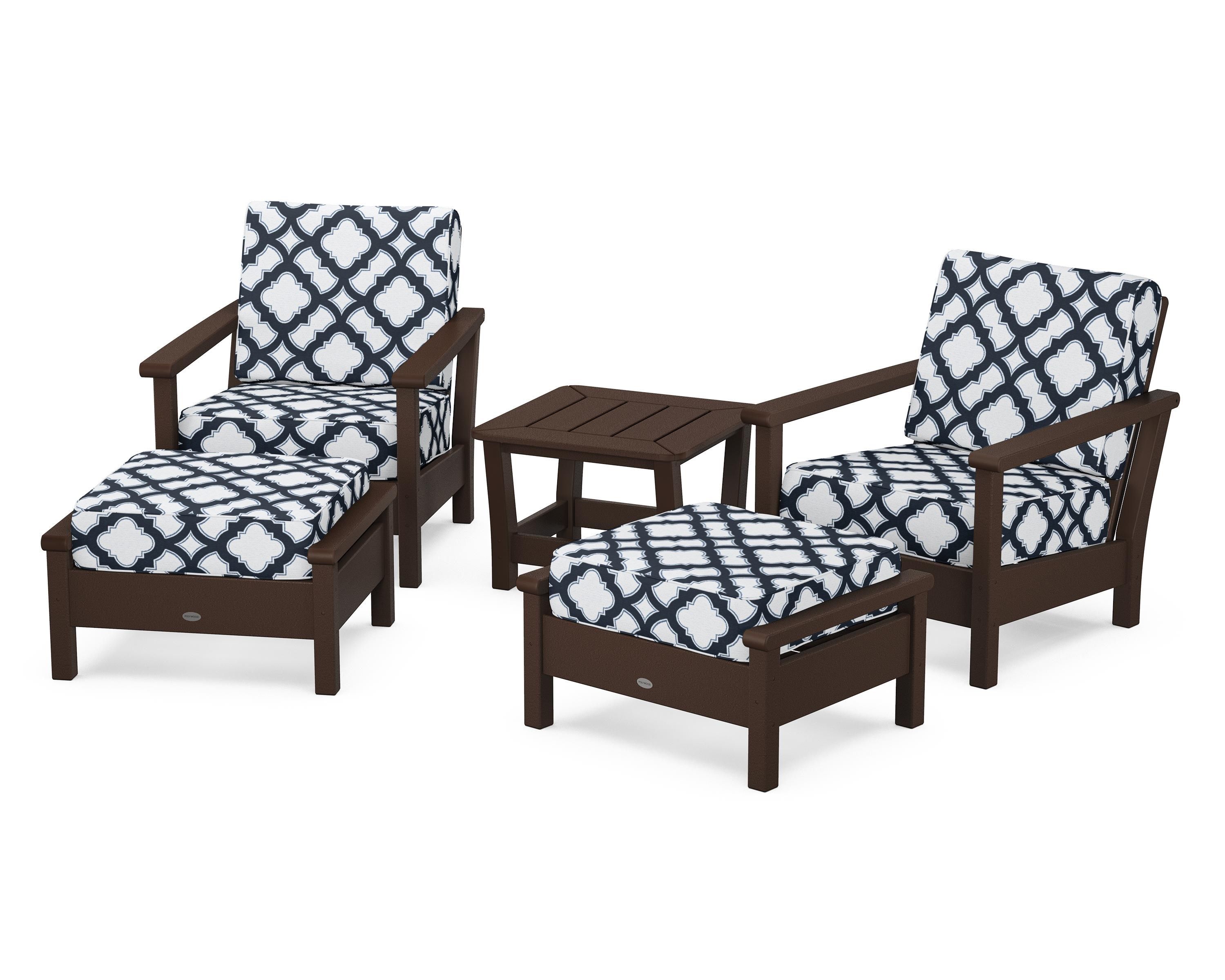 POLYWOOD® Harbour 5-Piece Deep Seating Chair Set in Mahogany / Trellis Marine Indigo