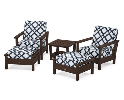 POLYWOOD® Harbour 5-Piece Deep Seating Chair Set in Mahogany / Trellis Marine Indigo