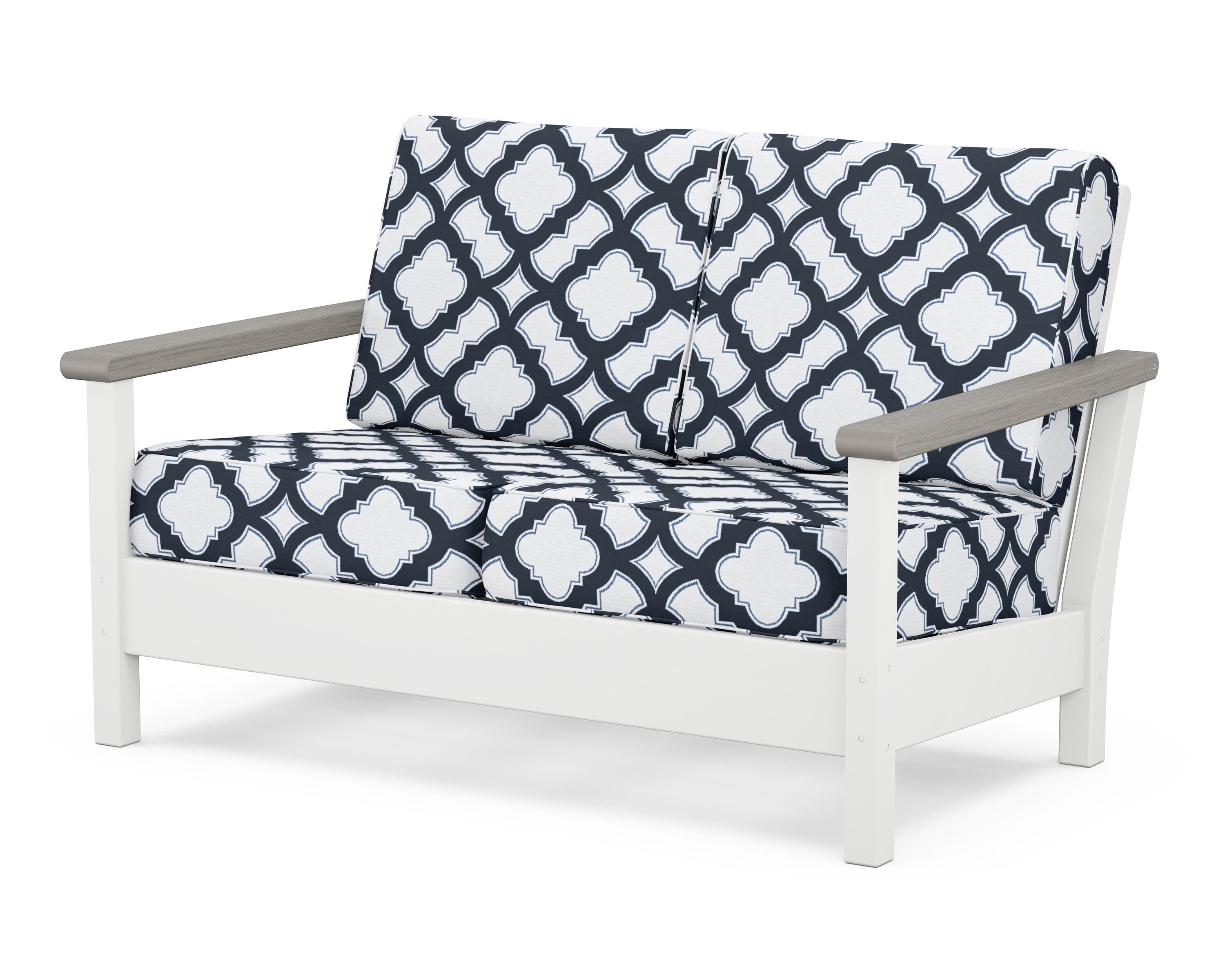 POLYWOOD® Harbour Deep Seating Loveseat in White / Driftwood / Trellis Marine Indigo