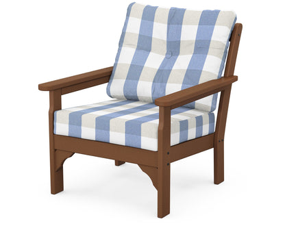 POLYWOOD® Vineyard Deep Seating Chair in Teak / Buffalo Plaid Sky Blue
