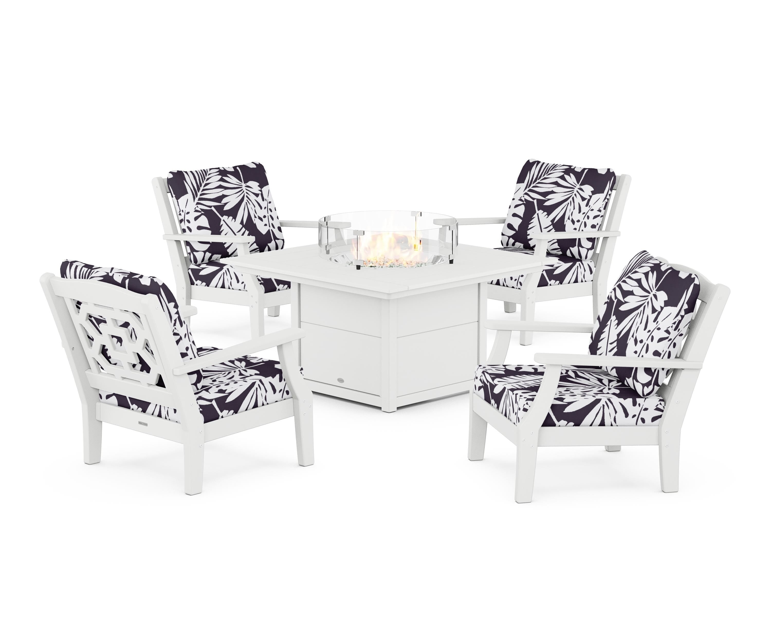 Martha Stewart by POLYWOOD® Chinoiserie 5-Piece Deep Seating Set with Fire Pit Table in White / Leaf Navy